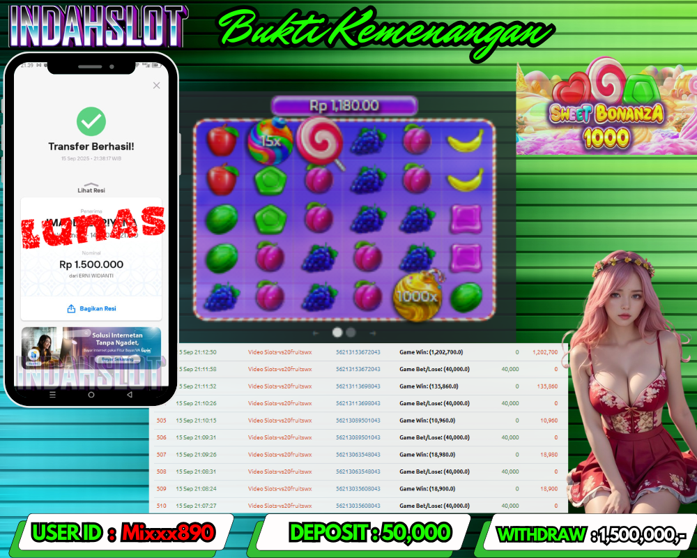 INDAHSLOT Sweet Bonanza 1000 Rp 1,500,000,- LUNAS!!