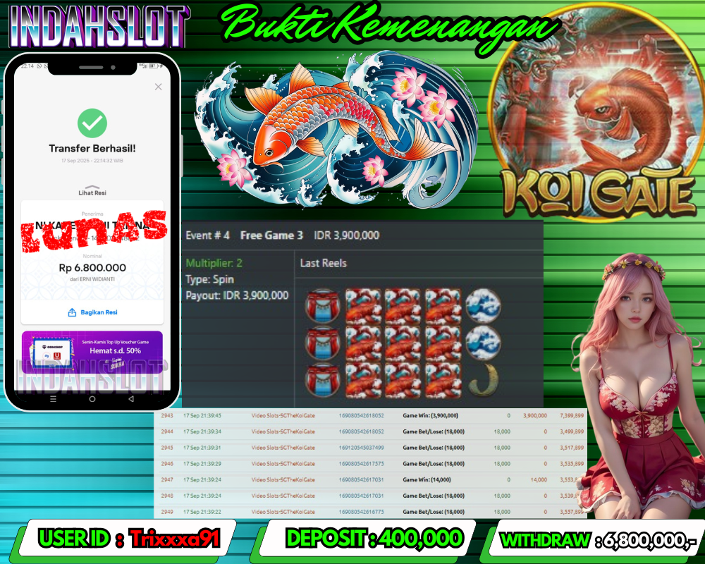 INDAHSLOT KOI GATE Rp 6,800,000,- LUNAS!!