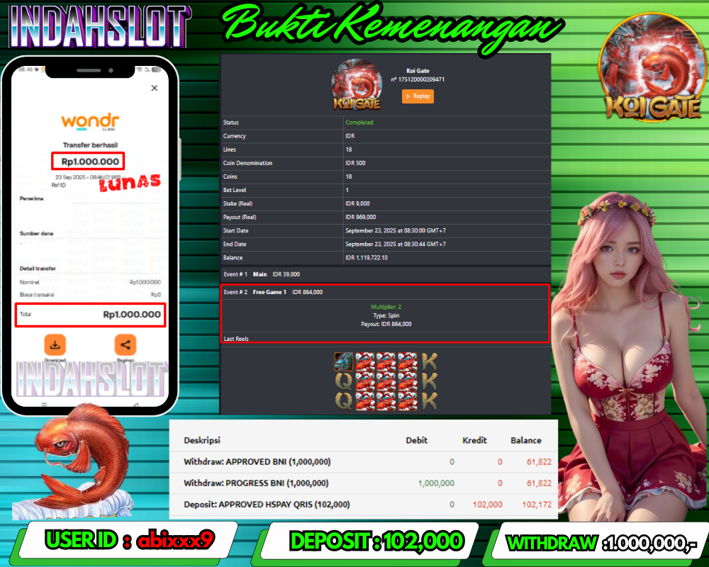 INDAHSLOT KOI GATE Rp 1,000,000,- LUNAS!!