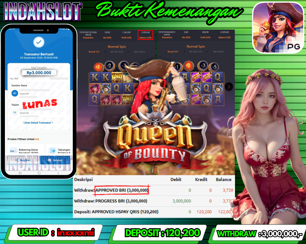 INDAHSLOT QUEEN OF BOUNTY Rp 3.000,000,- LUNAS!!