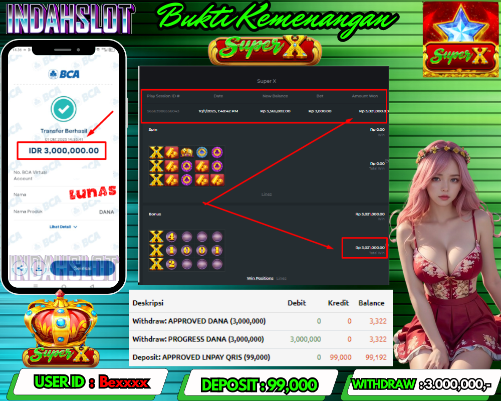 INDAHSLOT PRAGMATIC PLAY ( SUPER X ) Rp 3.0000,000,- LUNAS!!