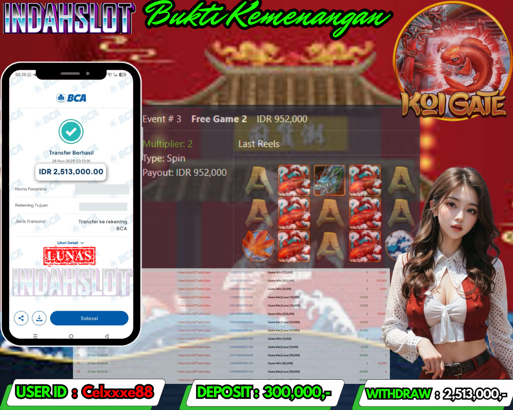 INDAHSLOT KOI GATE Rp. 2,513,000,LUNAS