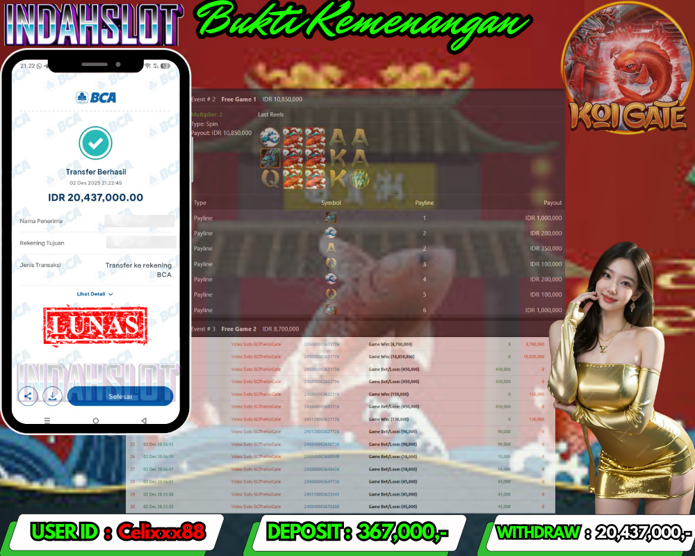 INDAHSLOT KOI GATE Rp. 20,437,000,LUNAS