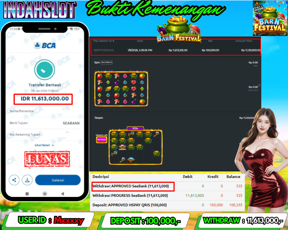 INDAHSLOT  BARN FESTIVAL Rp.11,613,000  LUNAS